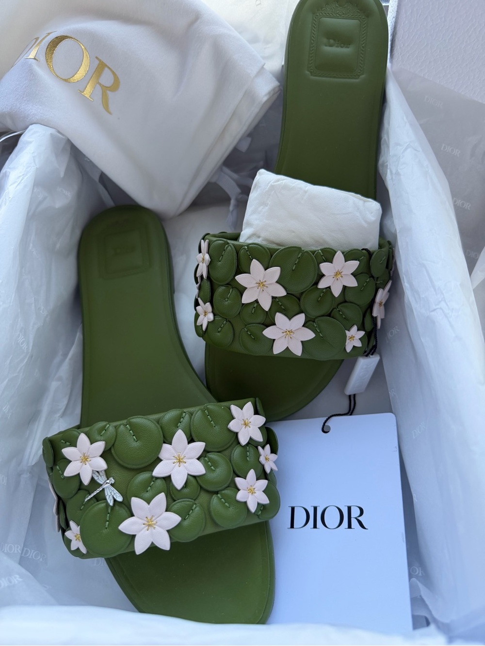 Christian Dior Bloom Lambskin Floral Slide Sandals – Green & Pink – Size 40.5